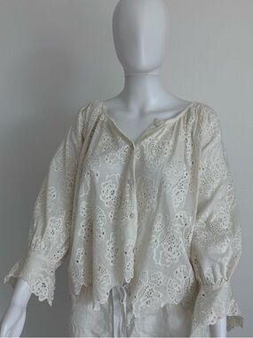 Mirth Cream Eyelet Blouse Caftan with Scalloped Hem